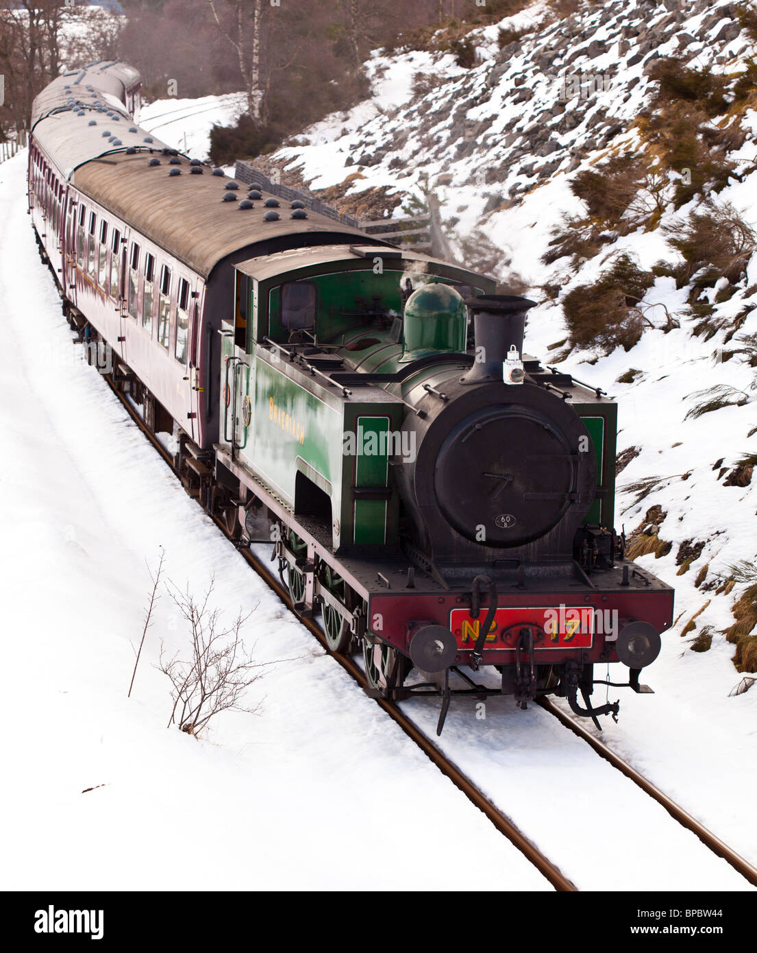 La Scozia, Highlands scozzesi, Cairngorms National Park. Strathspey Steam Railway motore e carrelli, nei pressi di Broomhill. Foto Stock