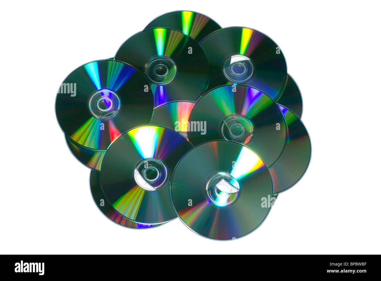 Pila di dischi registrabili isolati su sfondo bianco. Foto Stock