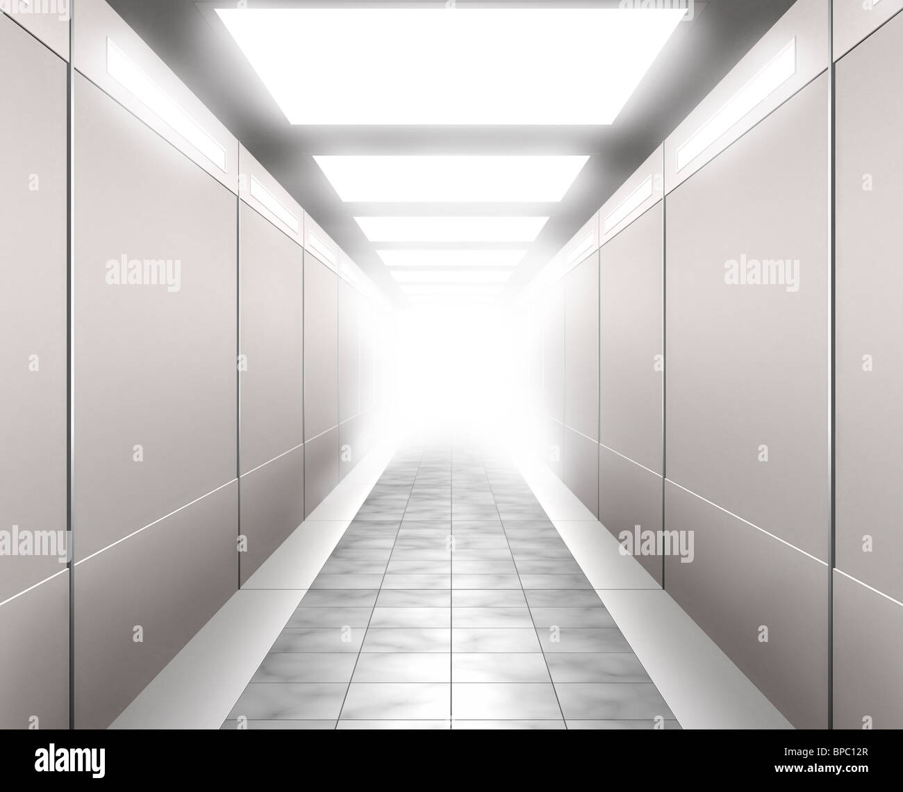 Magazzino 3D illustrazione di un luminoso corridoio che conduce nella luce bianca Foto Stock