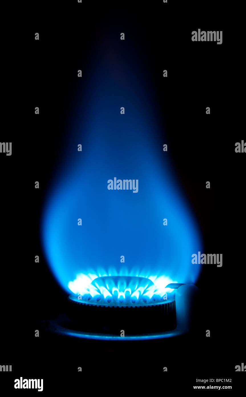 Bruciatore a gas con fiamma blu Foto Stock