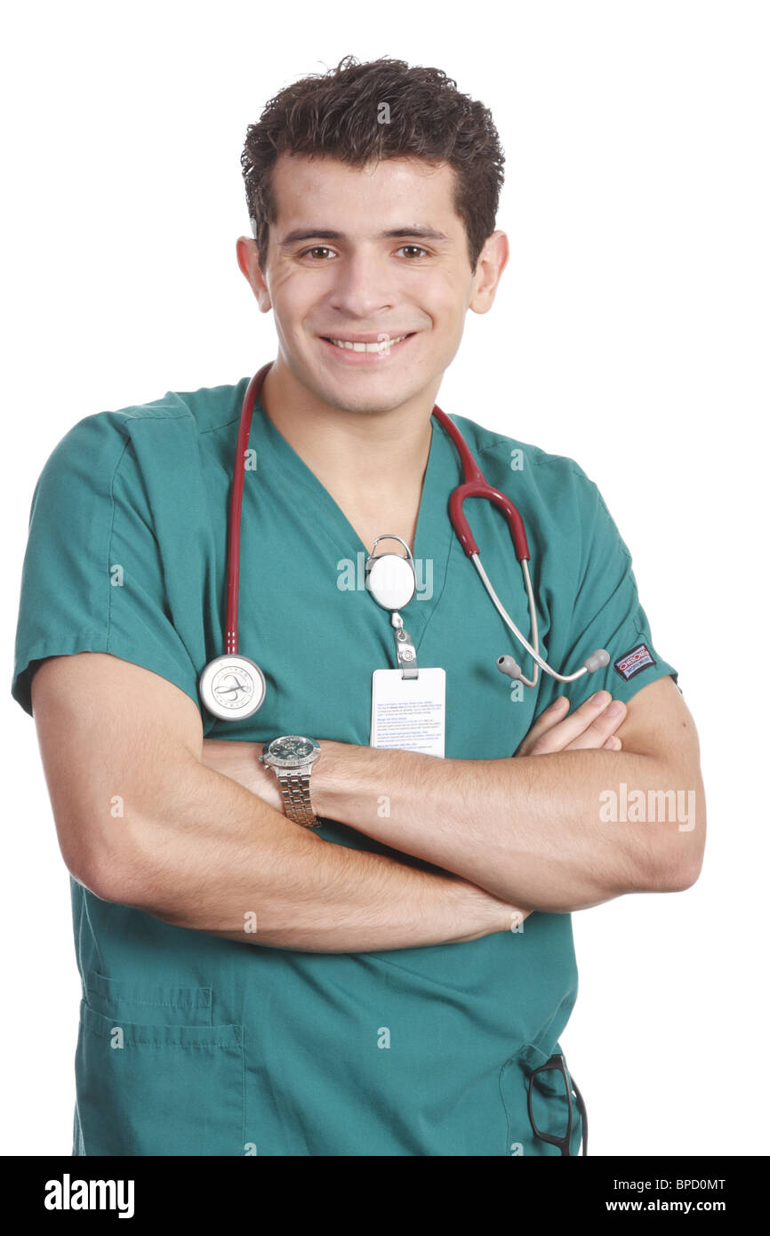 Cordiale e sorridente infermiera maschio Foto Stock