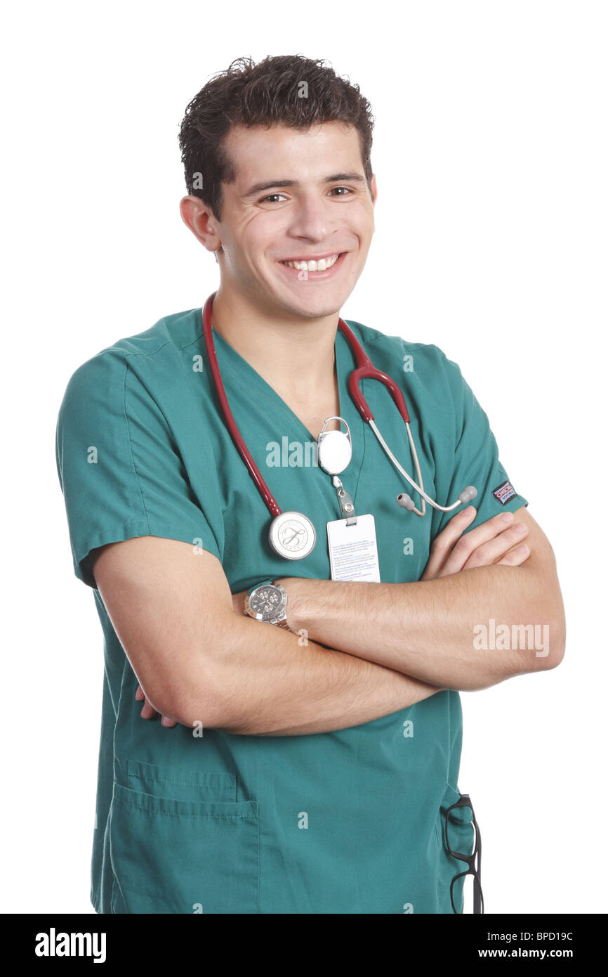 Cordiale e sorridente infermiera maschio Foto Stock