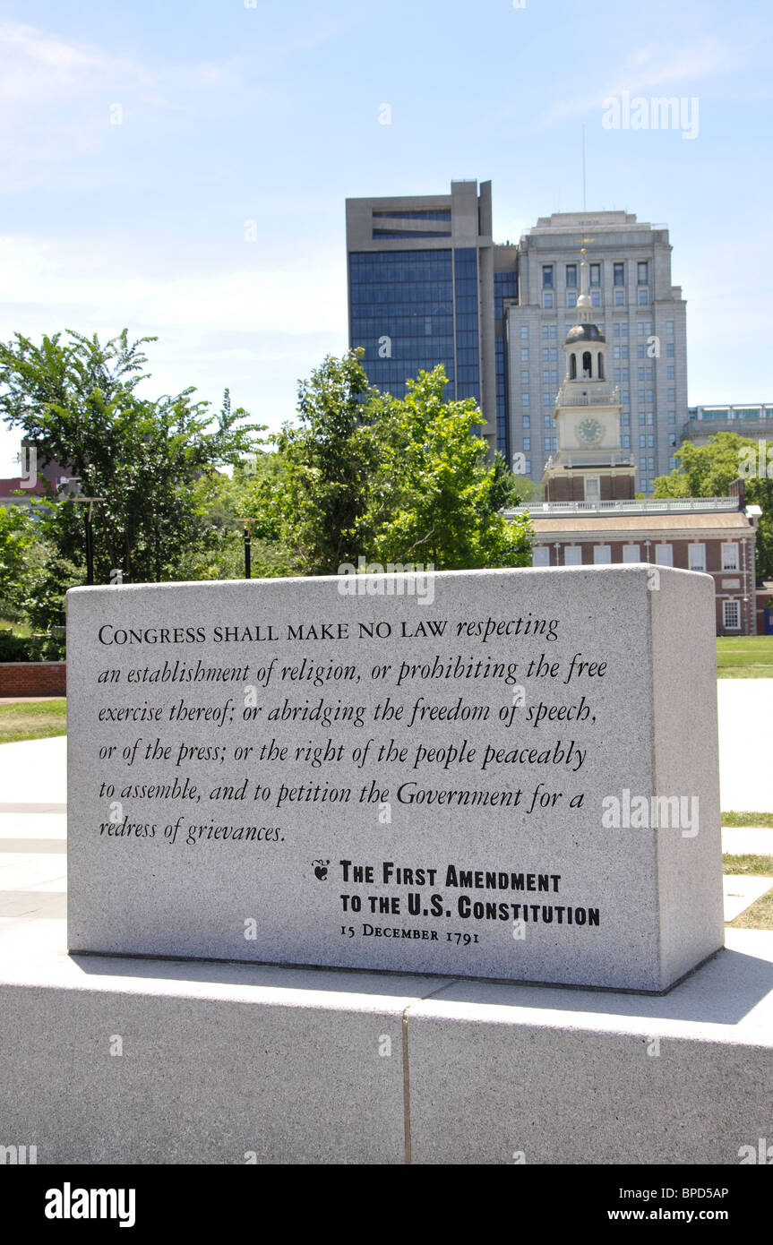 Il primo emendamento della Costituzione degli Stati Uniti memorial, Philadelphia, Pennsylvania, STATI UNITI D'AMERICA Foto Stock