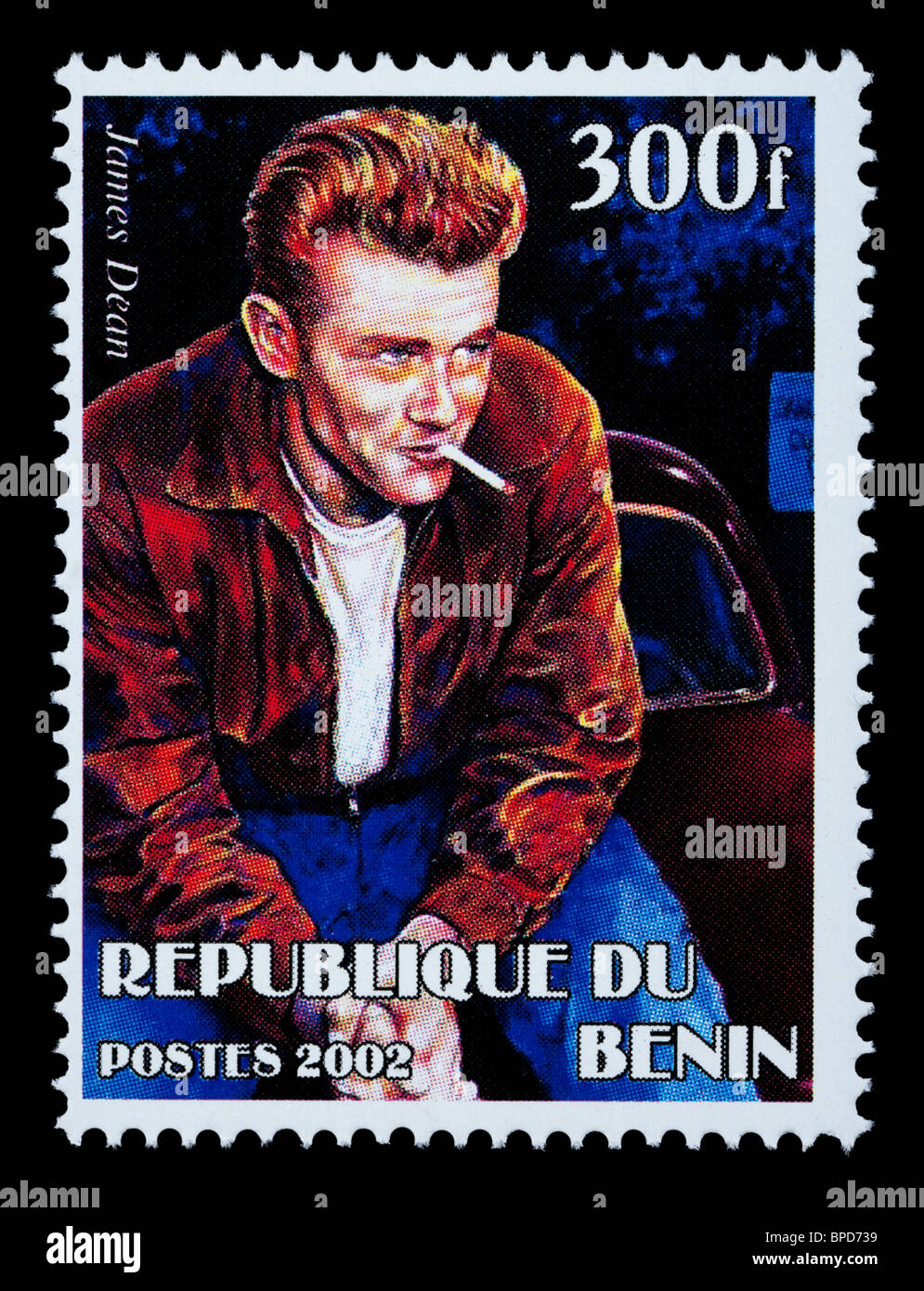 Repubblica del Benin - circa 2002: un francobollo stampato in Benin Repubblica mostra James Dean, circa 2002 Foto Stock