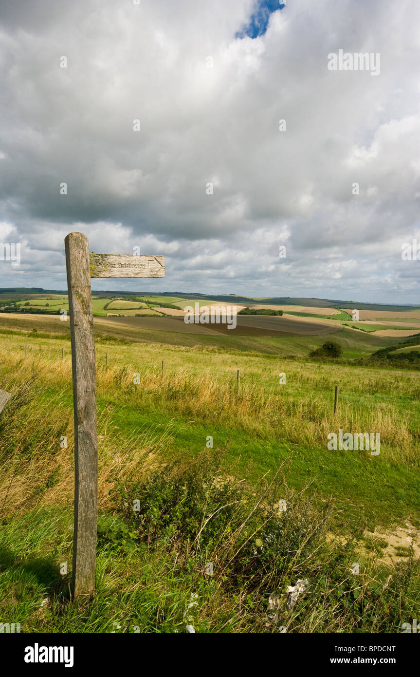 Pubblico in legno Bridleway segno con una vista sulla South Downs visto dalla strada Falmer vicino Woodingdean East Sussex England Foto Stock