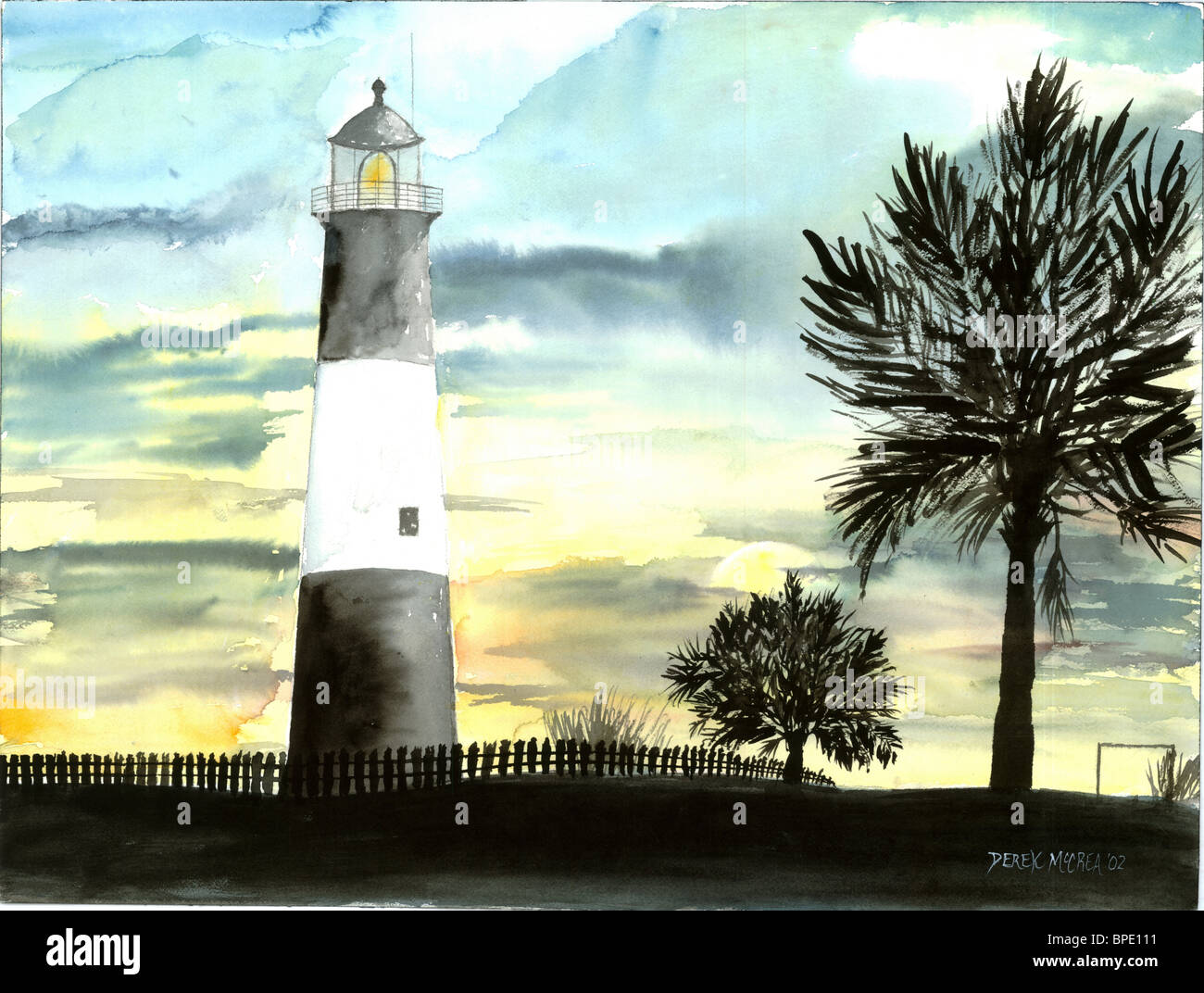 Tybee Island Lighthouse pittura ad acquerello fine art fari nautico seascape moderno landscape coastal Georgia GA Foto Stock