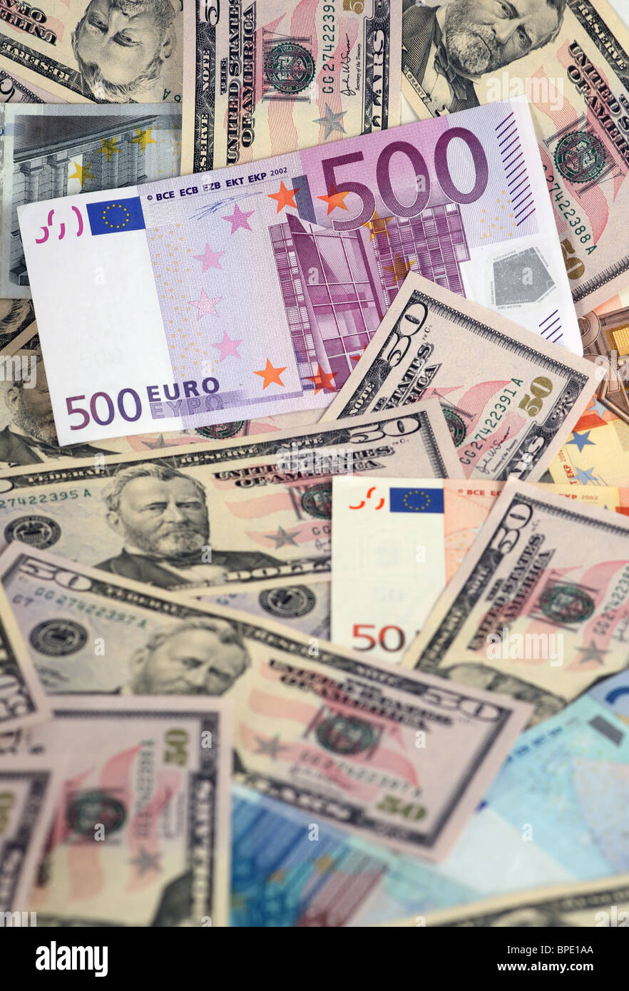 Euro e Dollaro banconote Foto Stock