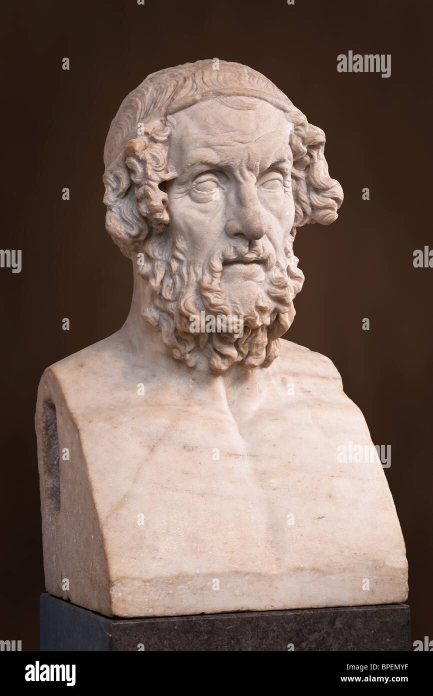 Busto di Omero. Copia romana di un originale greco del II C. BC. Foto Stock