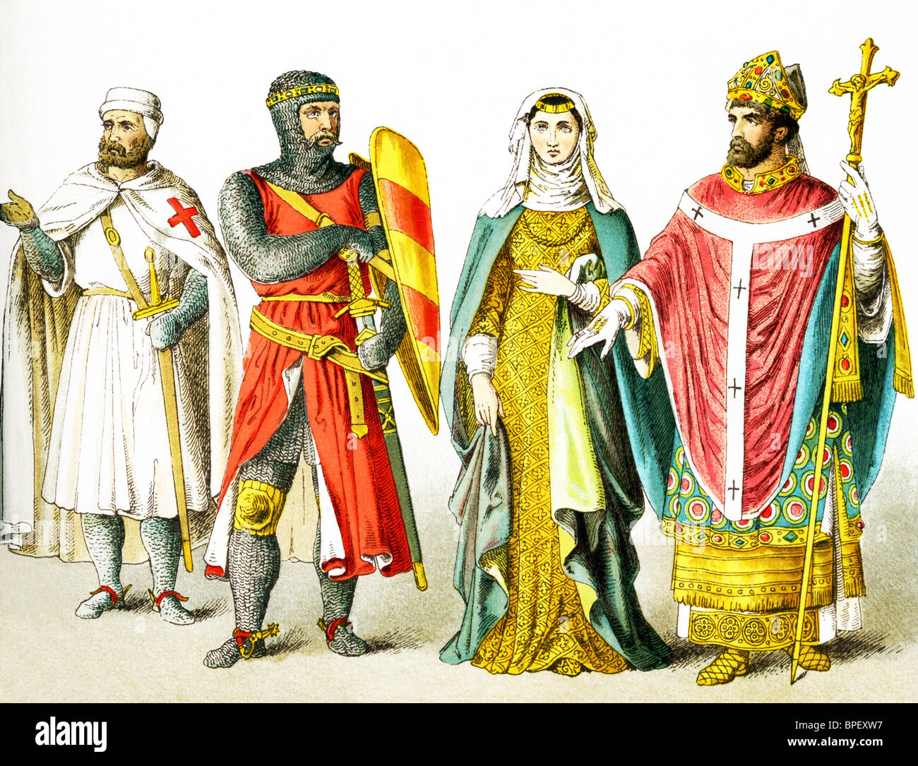 Le figure sono gente inglese intorno A.D. 1200. Essi sono, da sinistra a destra: Cavaliere Templare, cavaliere, signora di rango, vescovo. Foto Stock
