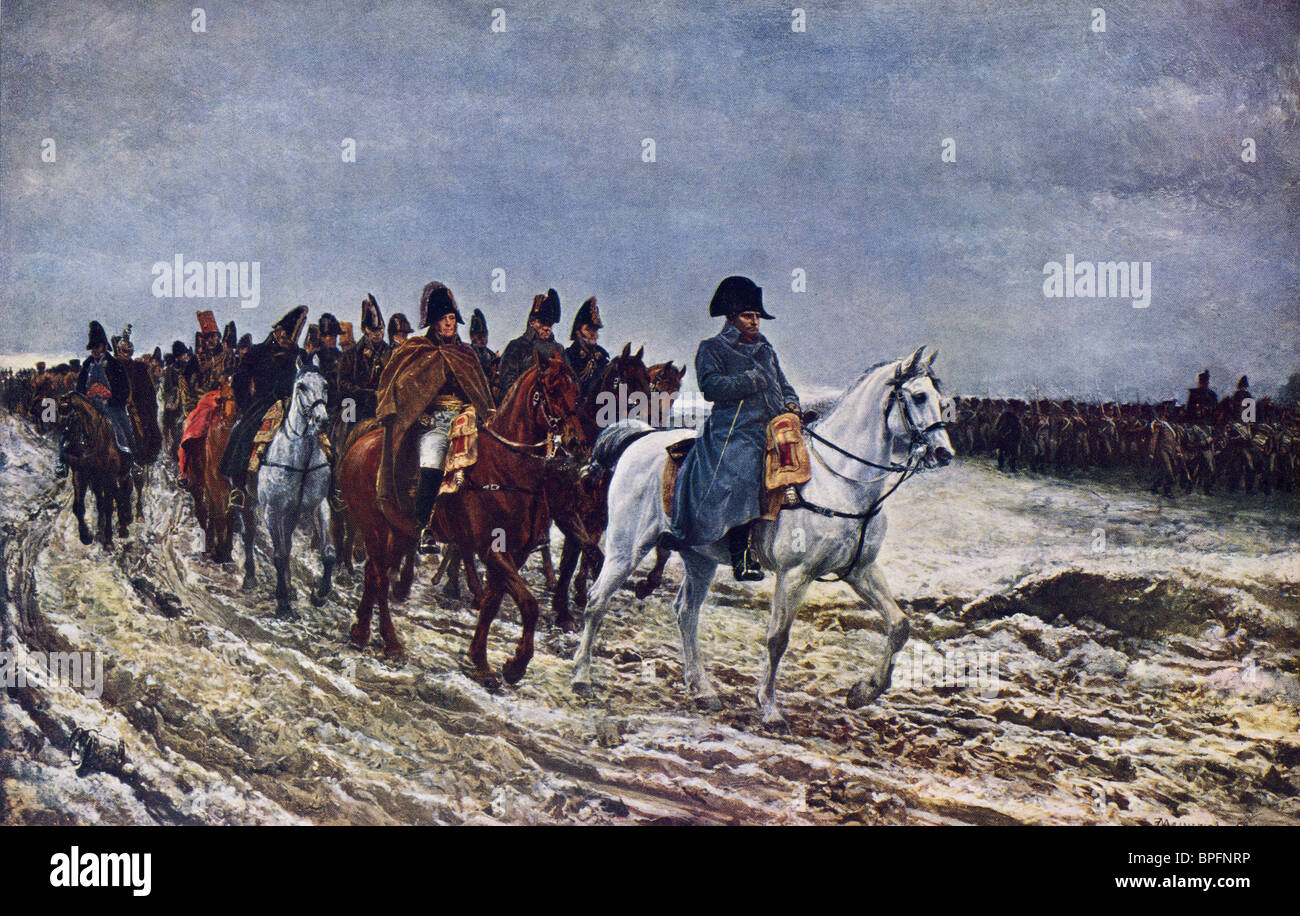1814. La pittura di Jean Louis Ernest Meissonier. Napoleone e il suo staff di ritorno da Soissons dopo la battaglia di Laon. Foto Stock