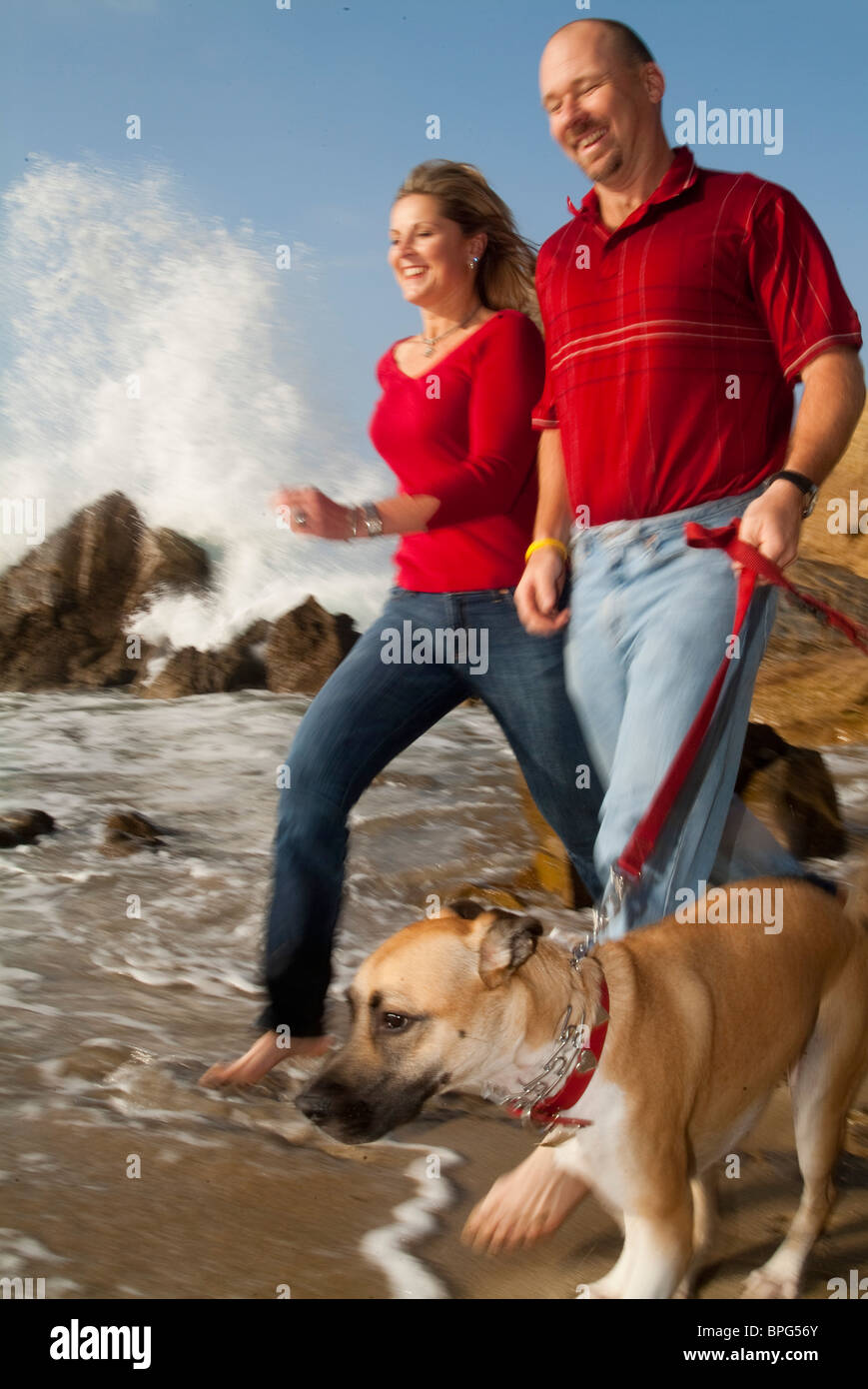 Matura in esecuzione sulla spiaggia con il cane. Foto Stock