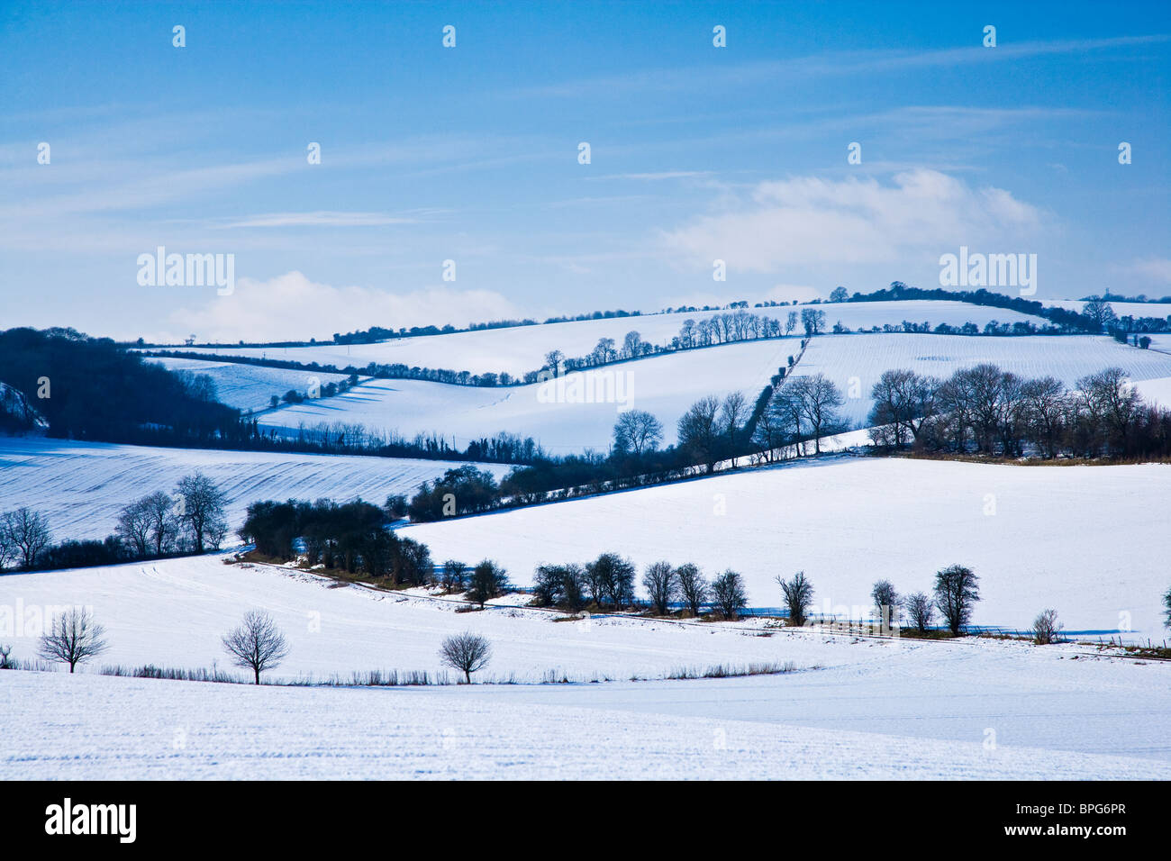 Un soleggiato,nevoso inverno,vista orizzontale o di scena sul Downs nel Wiltshire, Inghilterra, Regno Unito Foto Stock