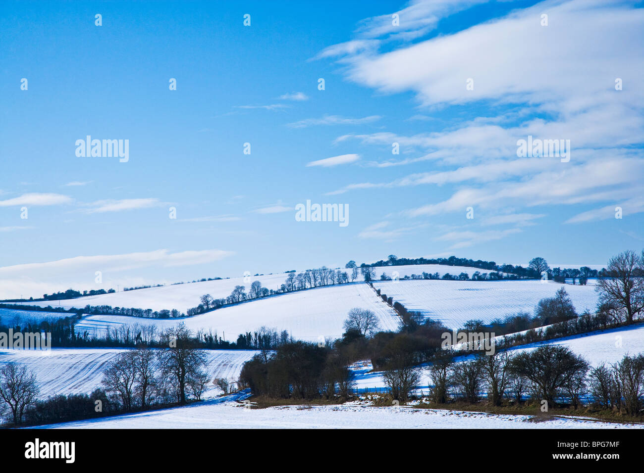 Un soleggiato,nevoso inverno,vista orizzontale o di scena sul Downs nel Wiltshire, Inghilterra, Regno Unito Foto Stock