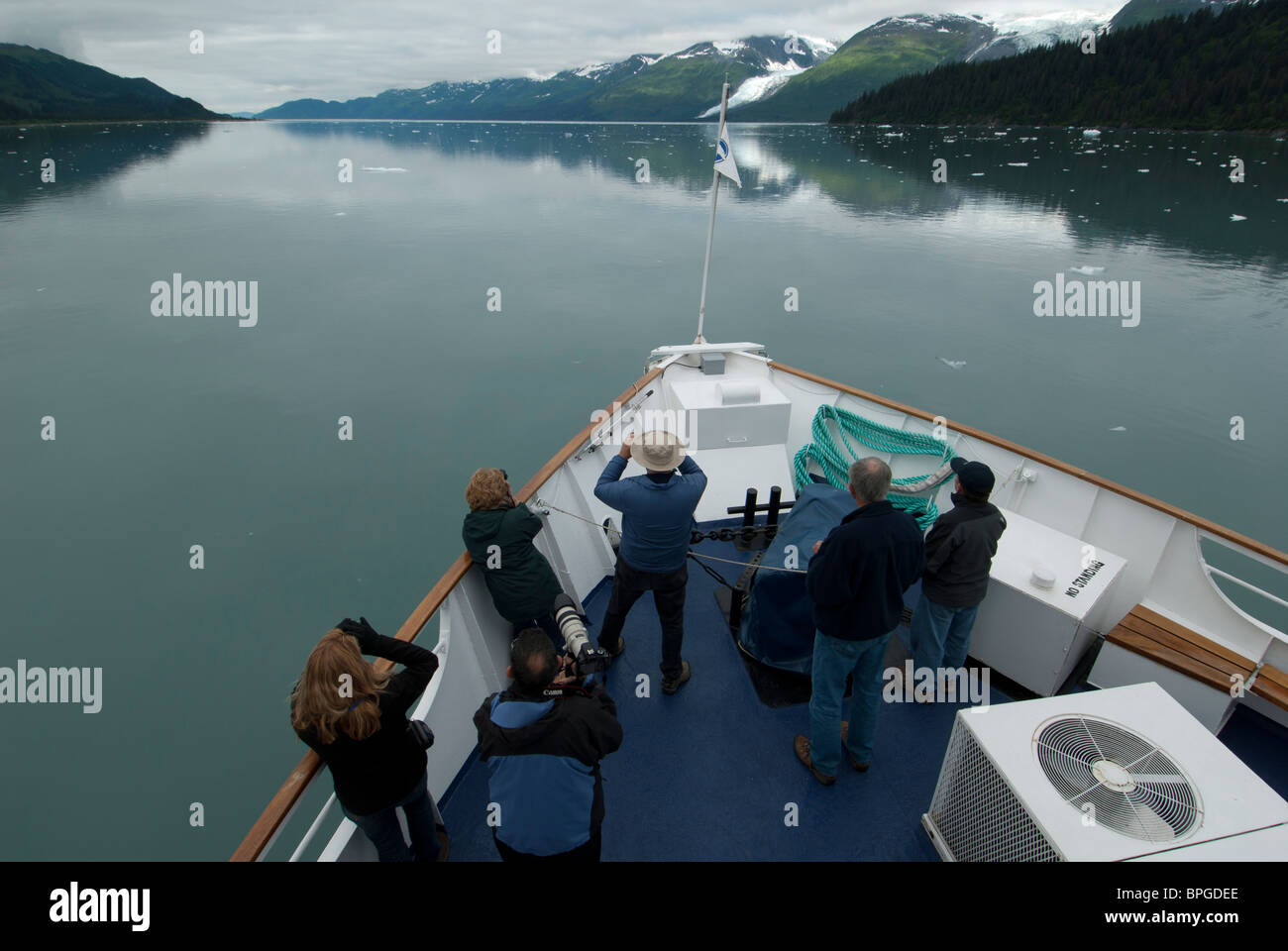 La gente cerca per la fauna selvatica dalla prua, College Fjord, Crociera West spirito di Columbia, Prince William Sound, Alaska. Foto Stock