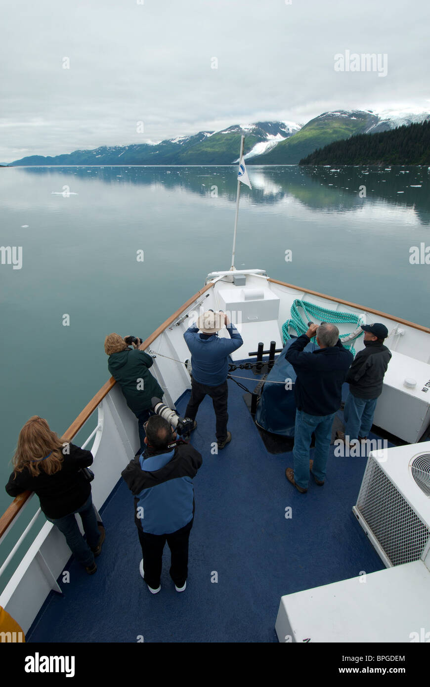 La gente cerca per la fauna selvatica dalla prua, College Fjord, Crociera West spirito di Columbia, Prince William Sound, Alaska. Foto Stock