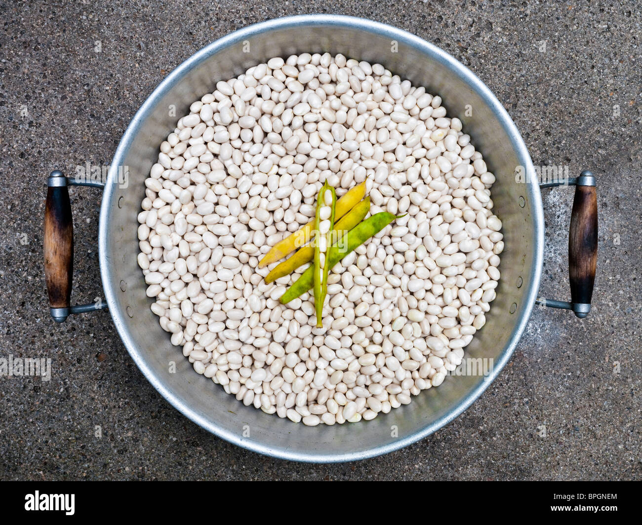 Grande padella di cottura archiviato con fagioli bianchi bianco / fagioli coco - Indre-et-Loire, Francia. Foto Stock