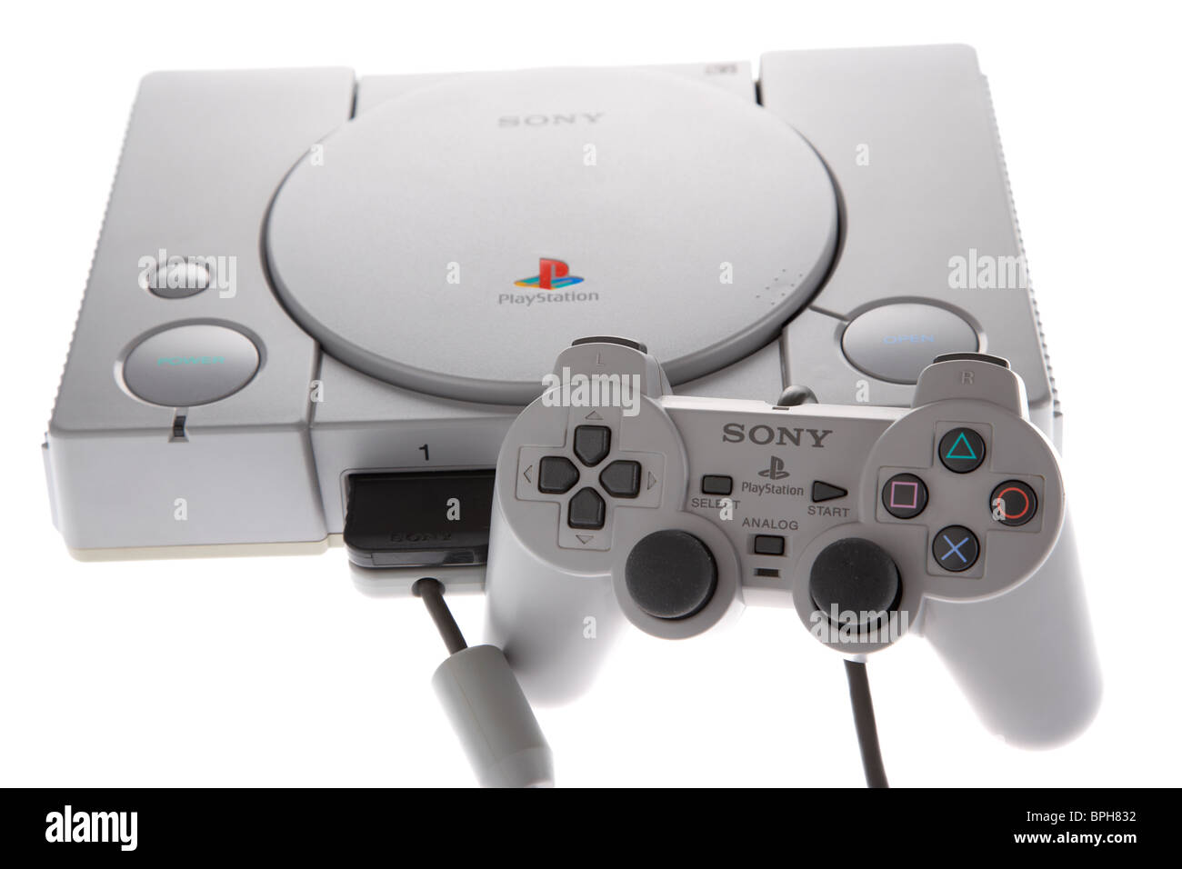 console playstation psone originale e controller dual shock di anni '90 gioco retrò vecchia macchina storica giochi Foto Stock