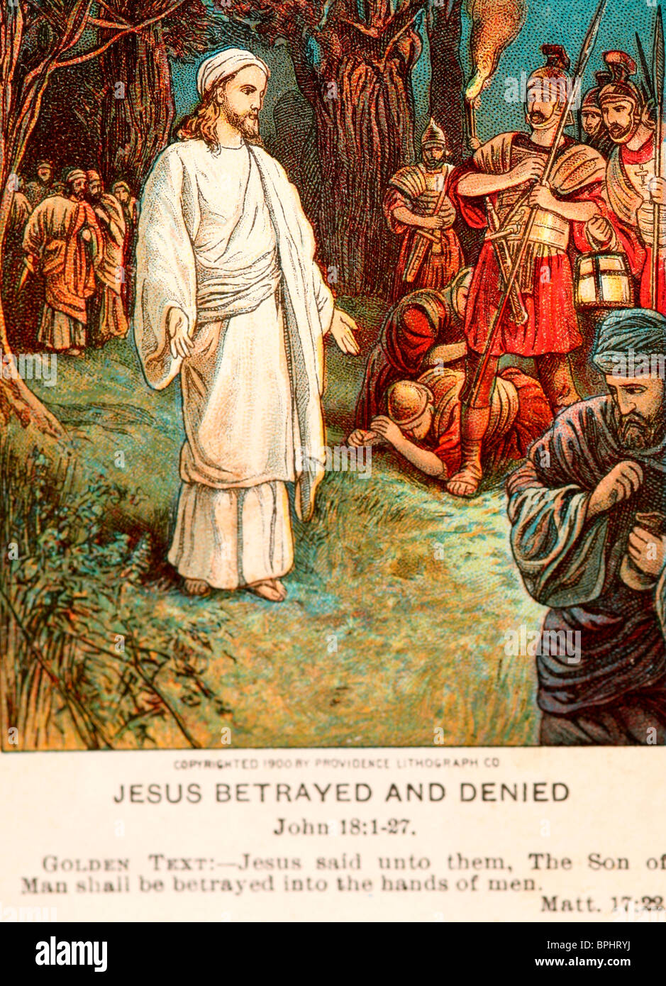 Vecchia bibbia card che raffigura Gesù tradito, Giovanni 18: 1-27 Foto Stock