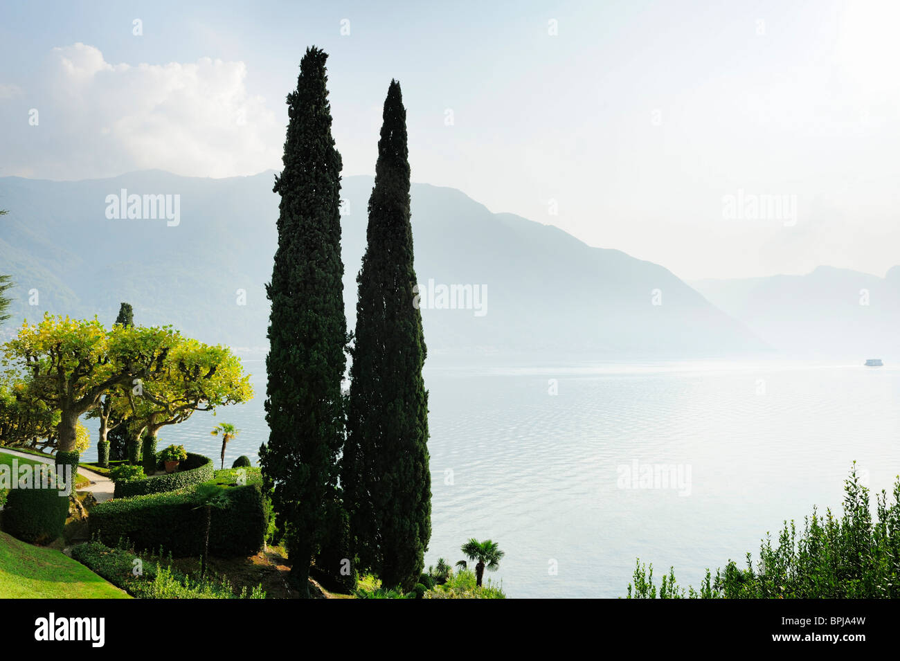 Cipressi, Villa del Balbianello Lenno, Lago di Como, Lombardia, Italia Foto Stock