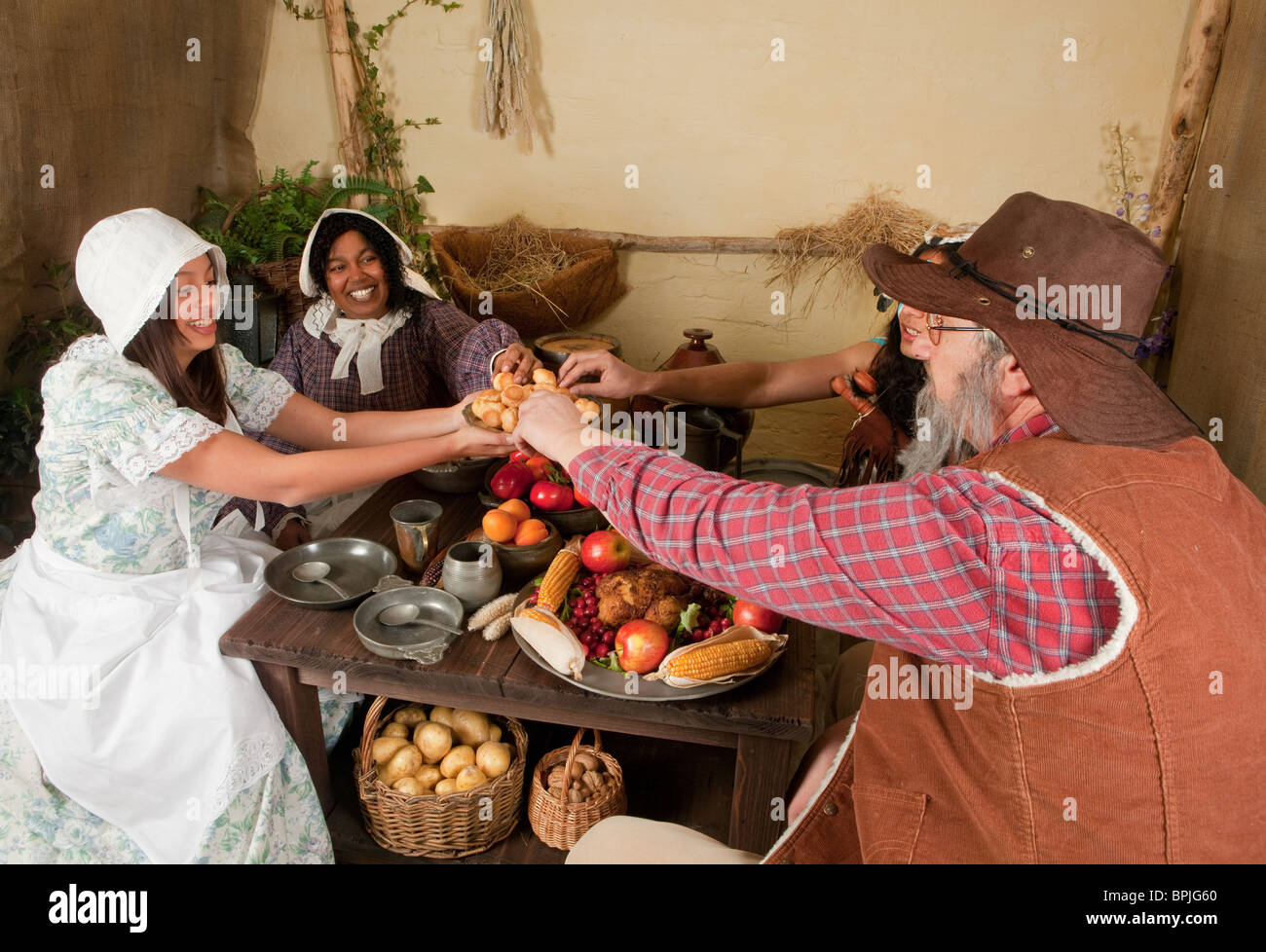 Rievocazione storica scena della prima cena di ringraziamento Foto Stock