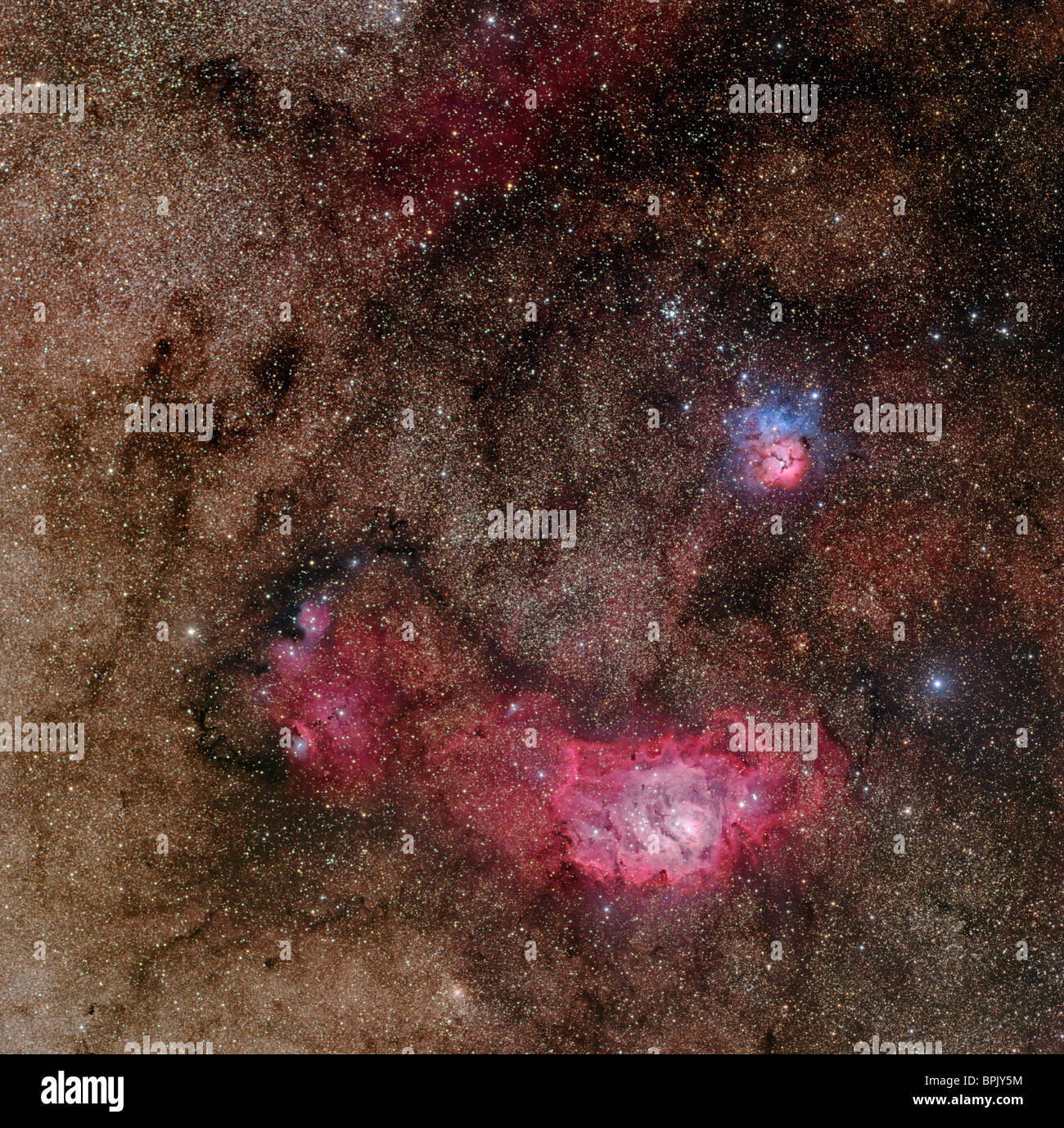La regione starforming nella costellazione del Sagittario con la Nebulosa Laguna e Trifid Nebula. Foto Stock