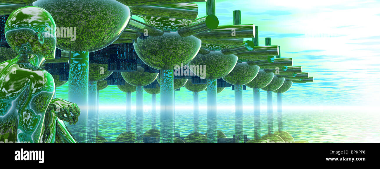 Colorato tema ecologico con verde alien o uomo guardando oltre il verde città modulare con l'orizzonte Foto Stock