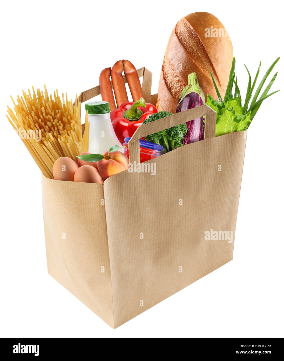 Sacchetto di carta con il cibo su sfondo bianco Foto Stock