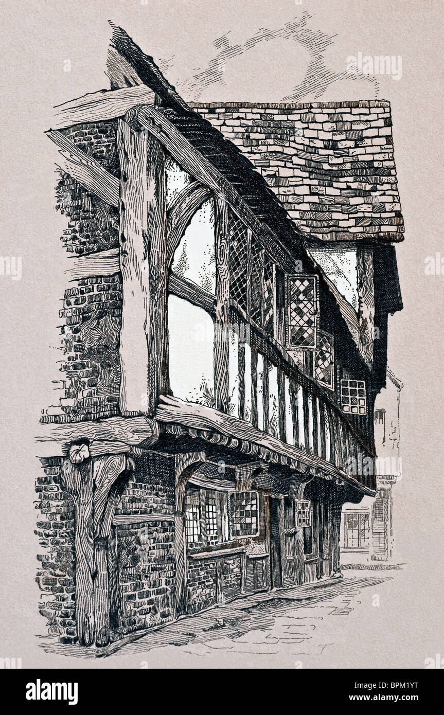 Penna e inchiostro disegno di inglese casa in legno e muratura. Foto Stock
