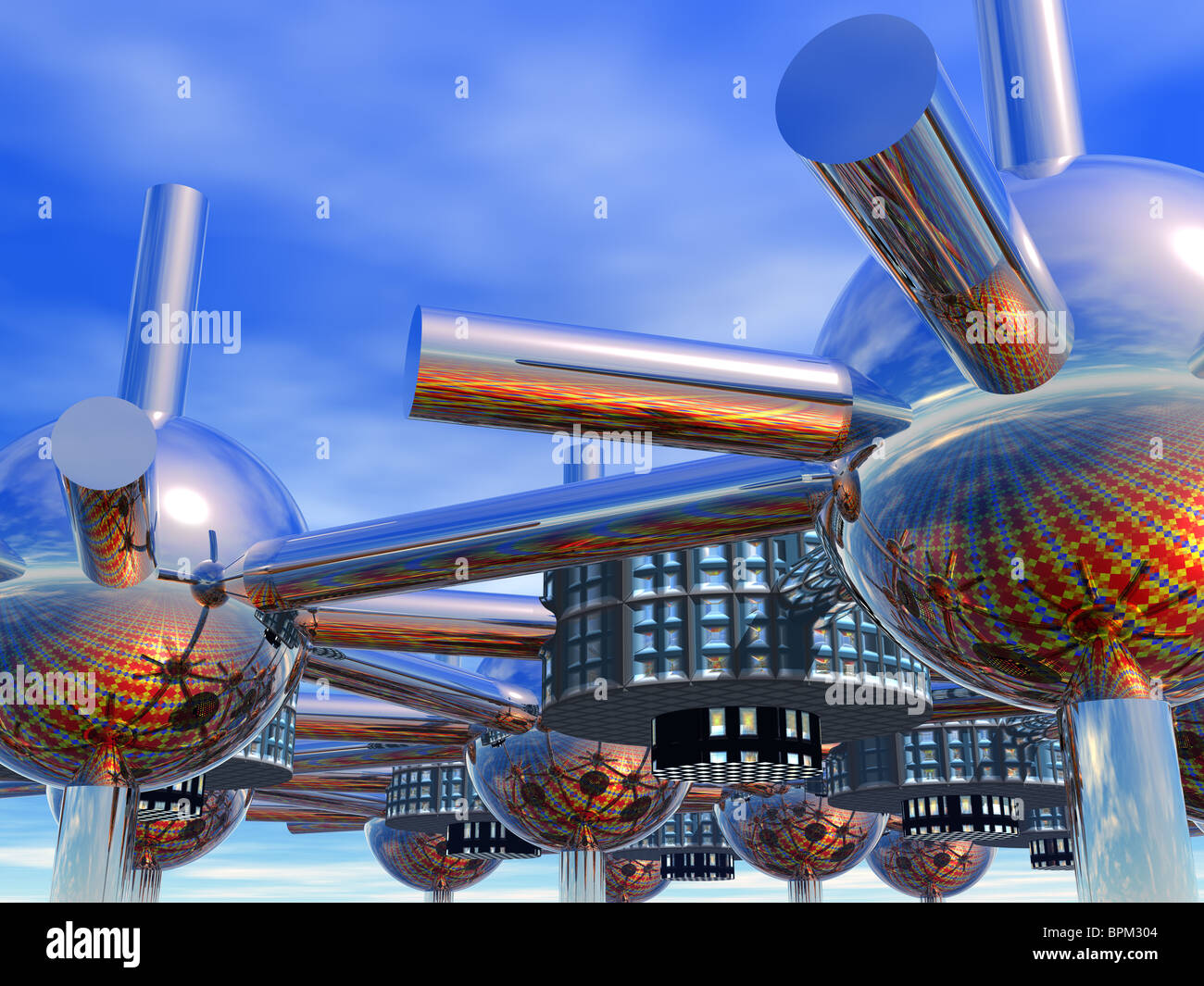 Moderno e futuristico o città aliena con riflettente sfere cromate e tubi Foto Stock