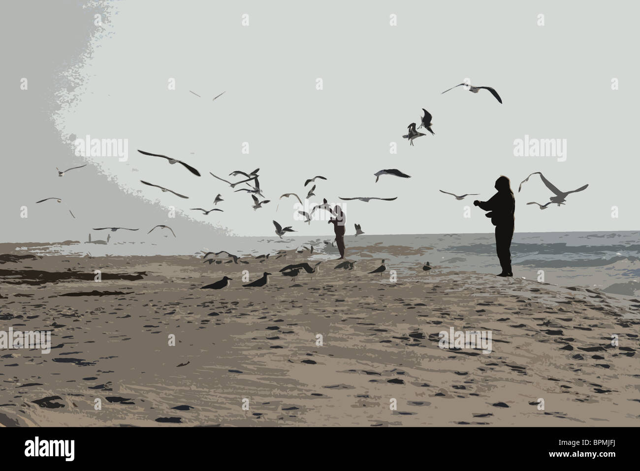 Coppia senior l uomo e la donna l'alimentazione gabbiani uccelli sulla spiaggia Foto Stock
