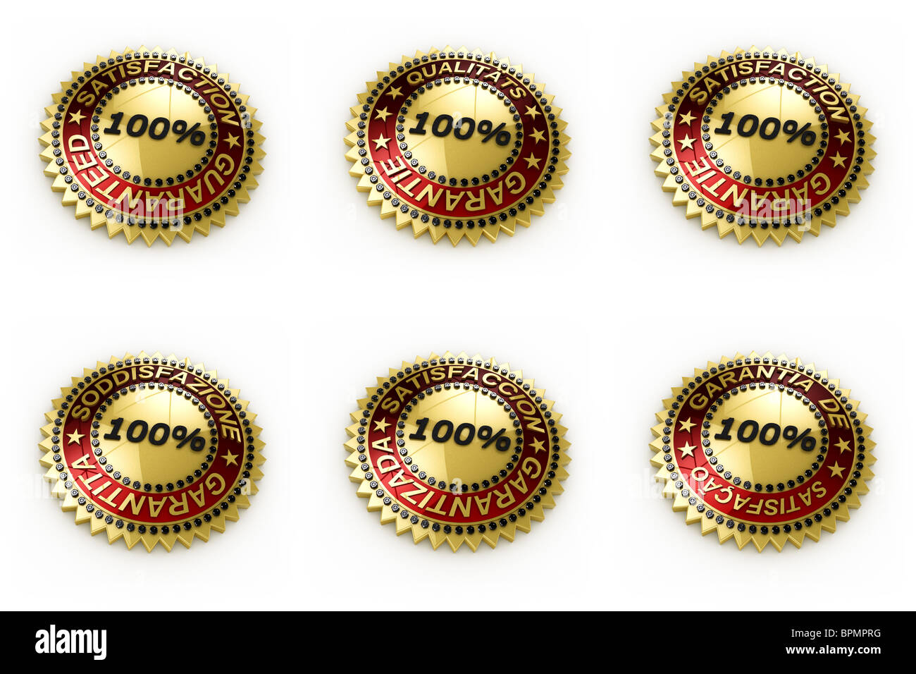 Isolata Soddisfazione Garantita guarnizioni in sei lingue Foto Stock