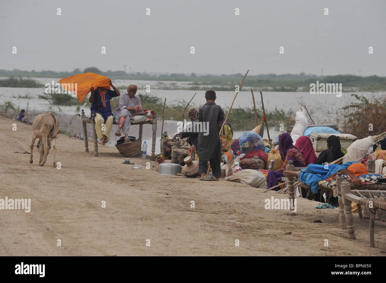 Vittime delle inondazioni vivono sul solo in aree asciutte in Sujawal, provincia del Sindh, Pakistan mercoledì 1 settembre, 2010 Foto Stock