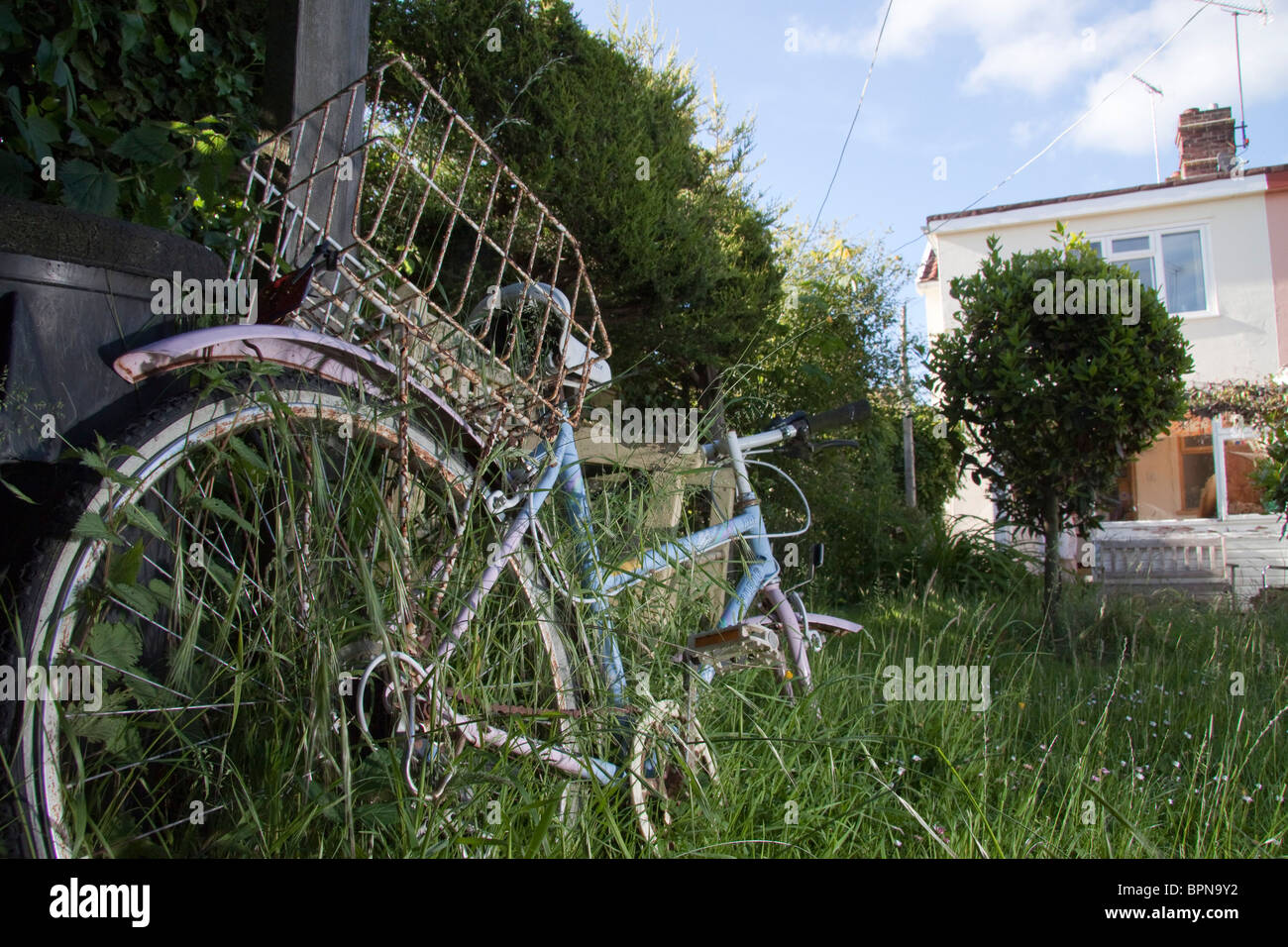 L'erba cresce anche se un arrugginimento lady's bike in un giardino suburbano Foto Stock