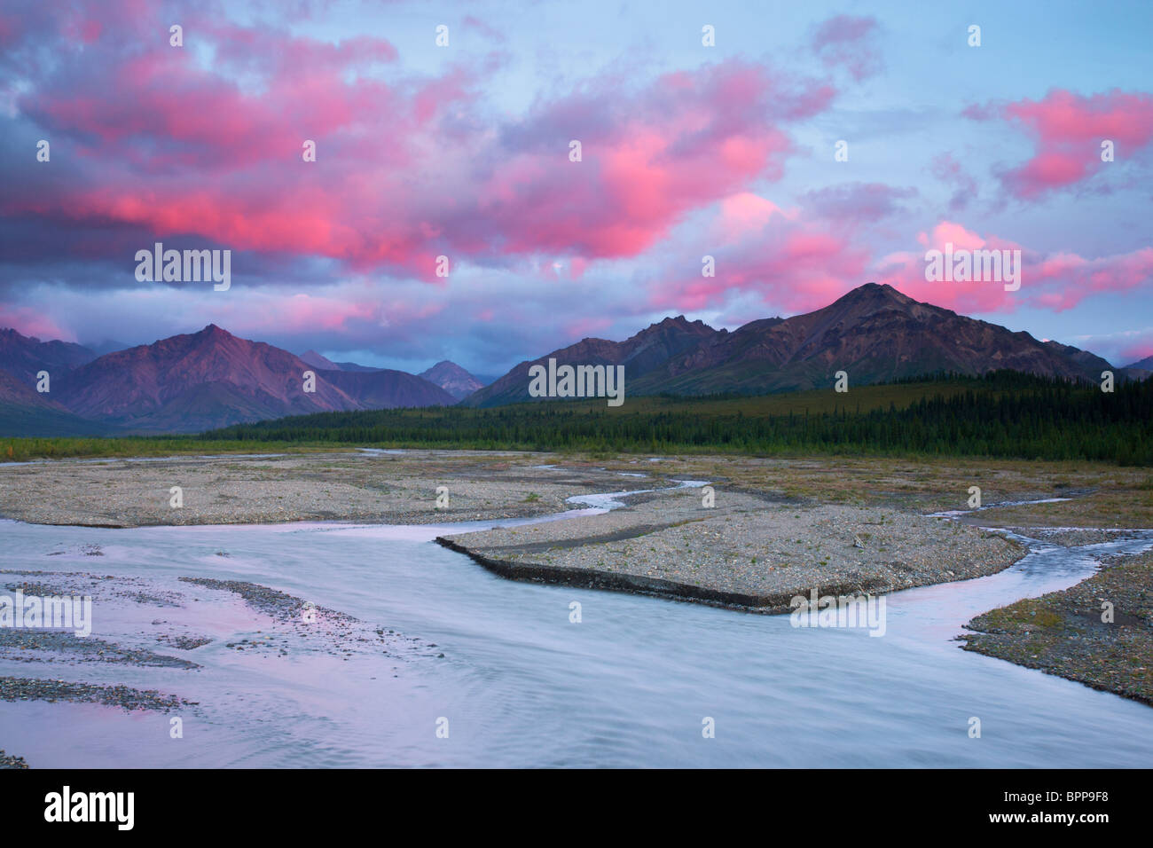 Tramonto sul Teklanika River Valley, Parco Nazionale di Denali, Alaska. Foto Stock