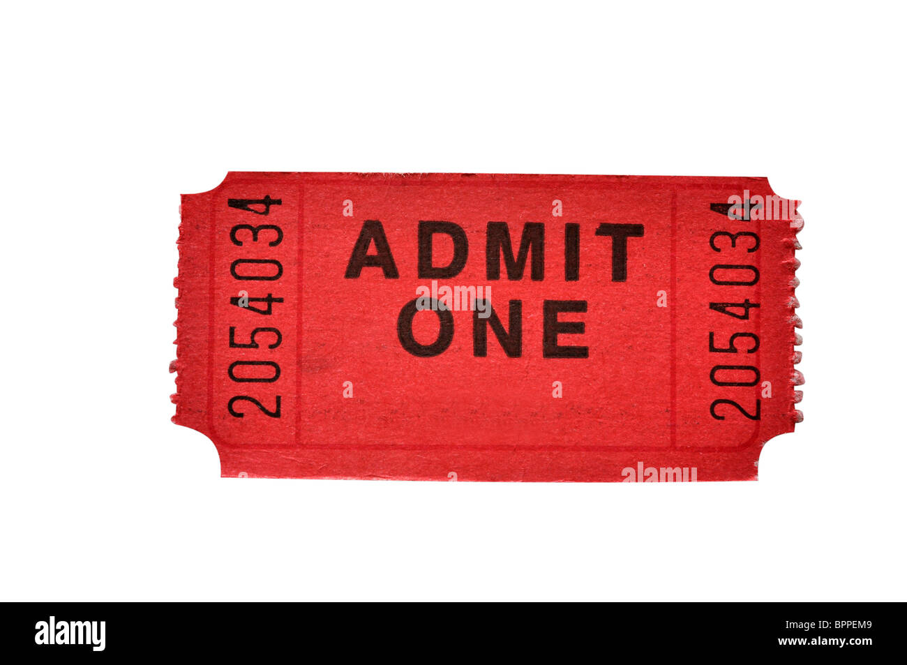 Biglietto di ingresso isolato su sfondo bianco con percorso di clipping. Foto Stock