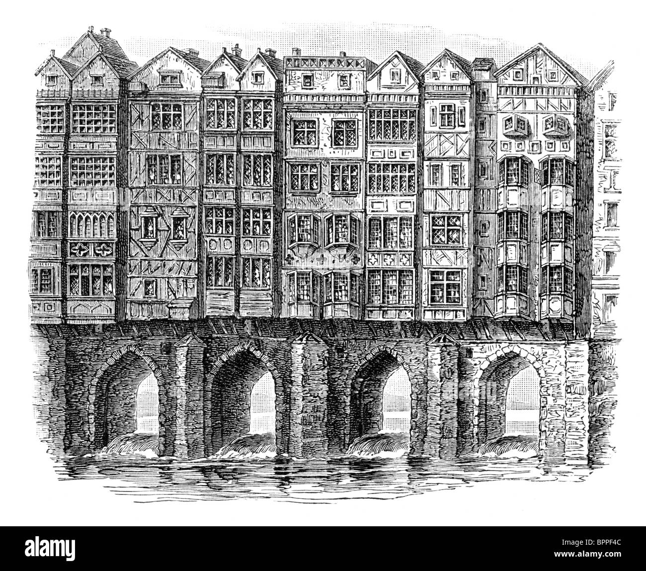 Bianco e Nero illustrazione; il vecchio ponte di Bristol su Floating Harbour, foderato con case fino a sette piani di altezza Foto Stock