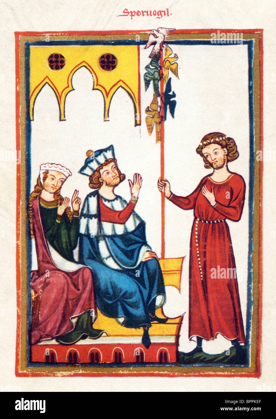 L'illuminazione dal XIV secolo Codex Manesse; xii secolo del poeta Spervogel offrendo la sua poesia al re Foto Stock