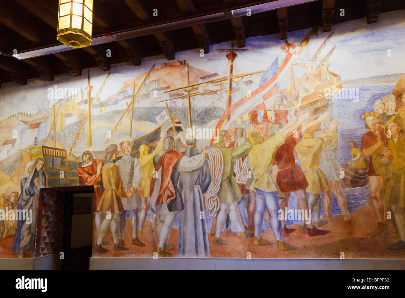 Affresco raffigurante i cittadini di Palos de la Frontera sventolando addio al Columbus come egli si mette in viaggio per il Nuovo Mondo nel 1492. Foto Stock