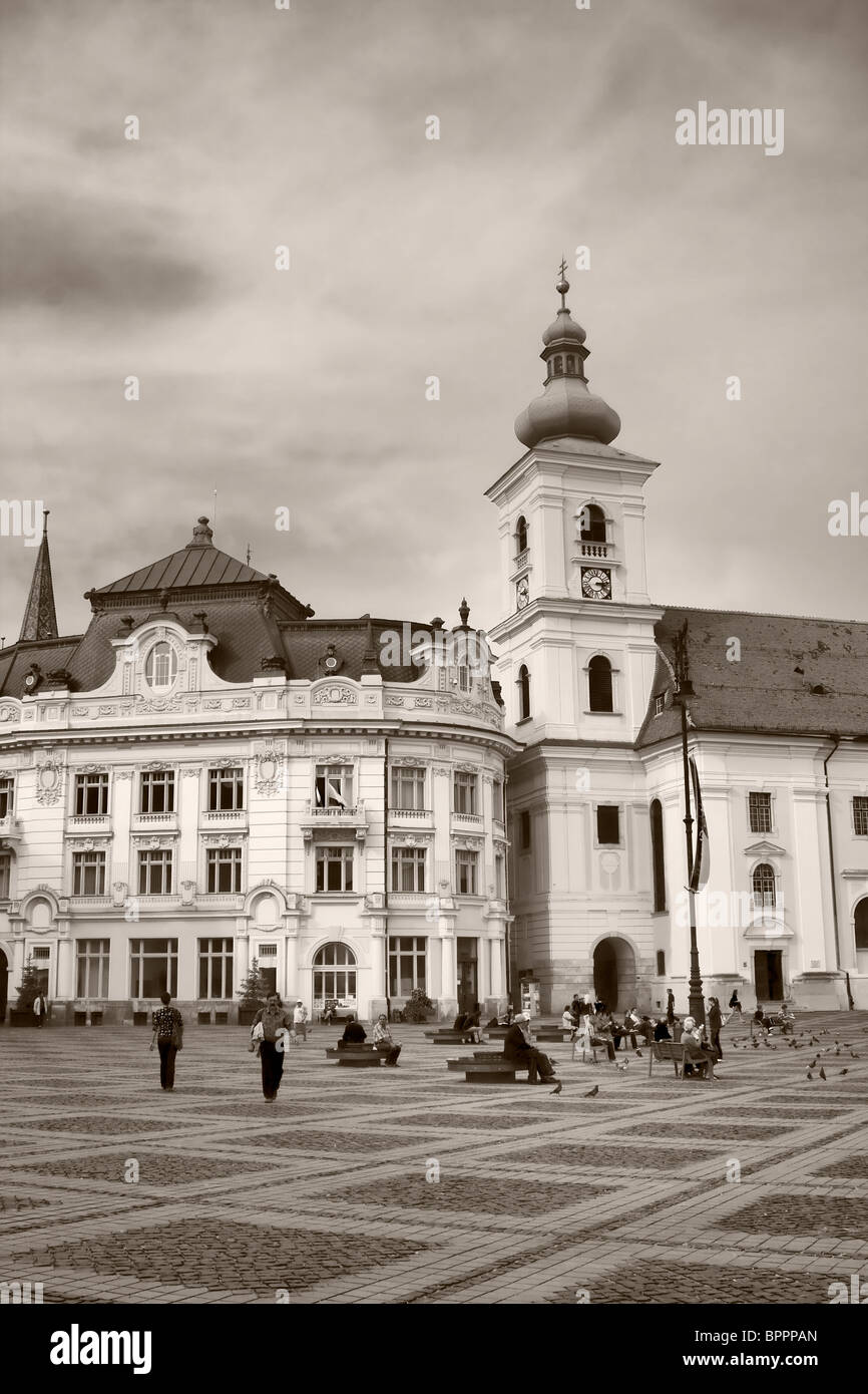 Tonalità seppia immagine del centro di Sibiu, Romania. Foto Stock