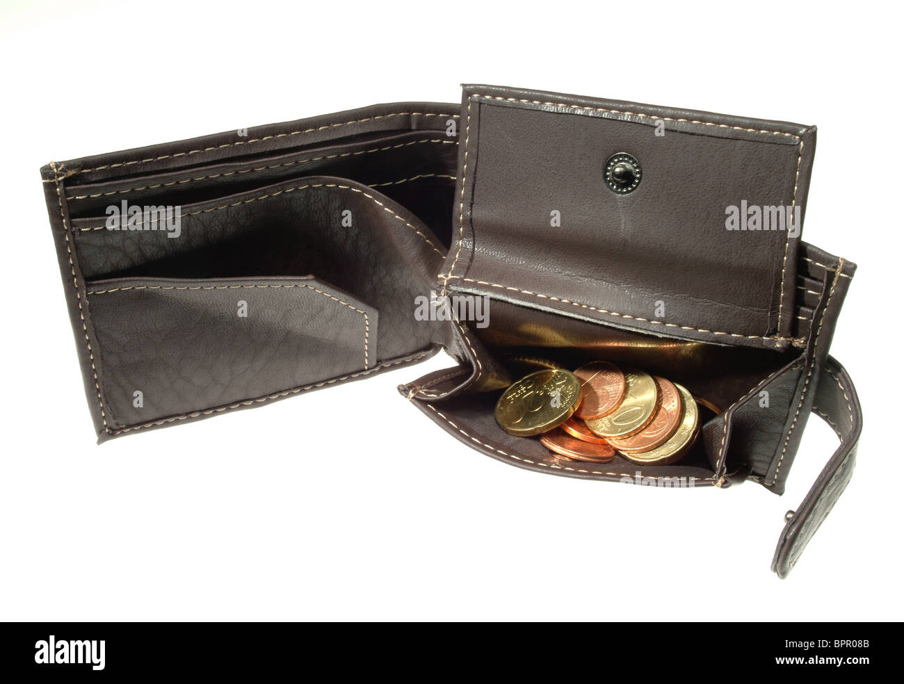 Un portafoglio con pochi centesimi di Euro Foto Stock