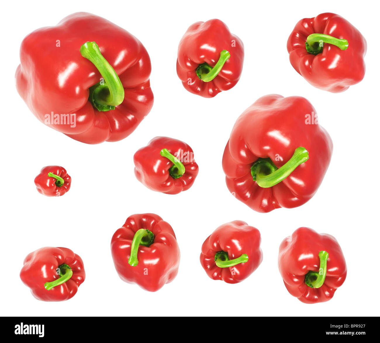 Peperoni rossi isolato su bianco. Foto Stock
