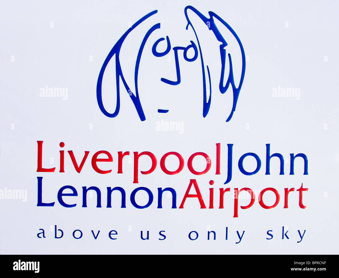 Logo di Liverpool John Lennon Airport e sopra di noi solo il cielo, testi dal brano immaginare Foto Stock