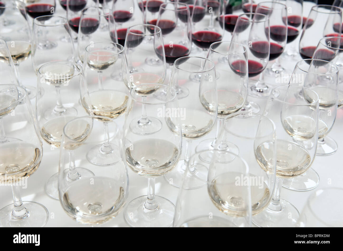 Assaggio vini bicchieri allineati per un assaggio di vini bianchi e rossi Foto Stock