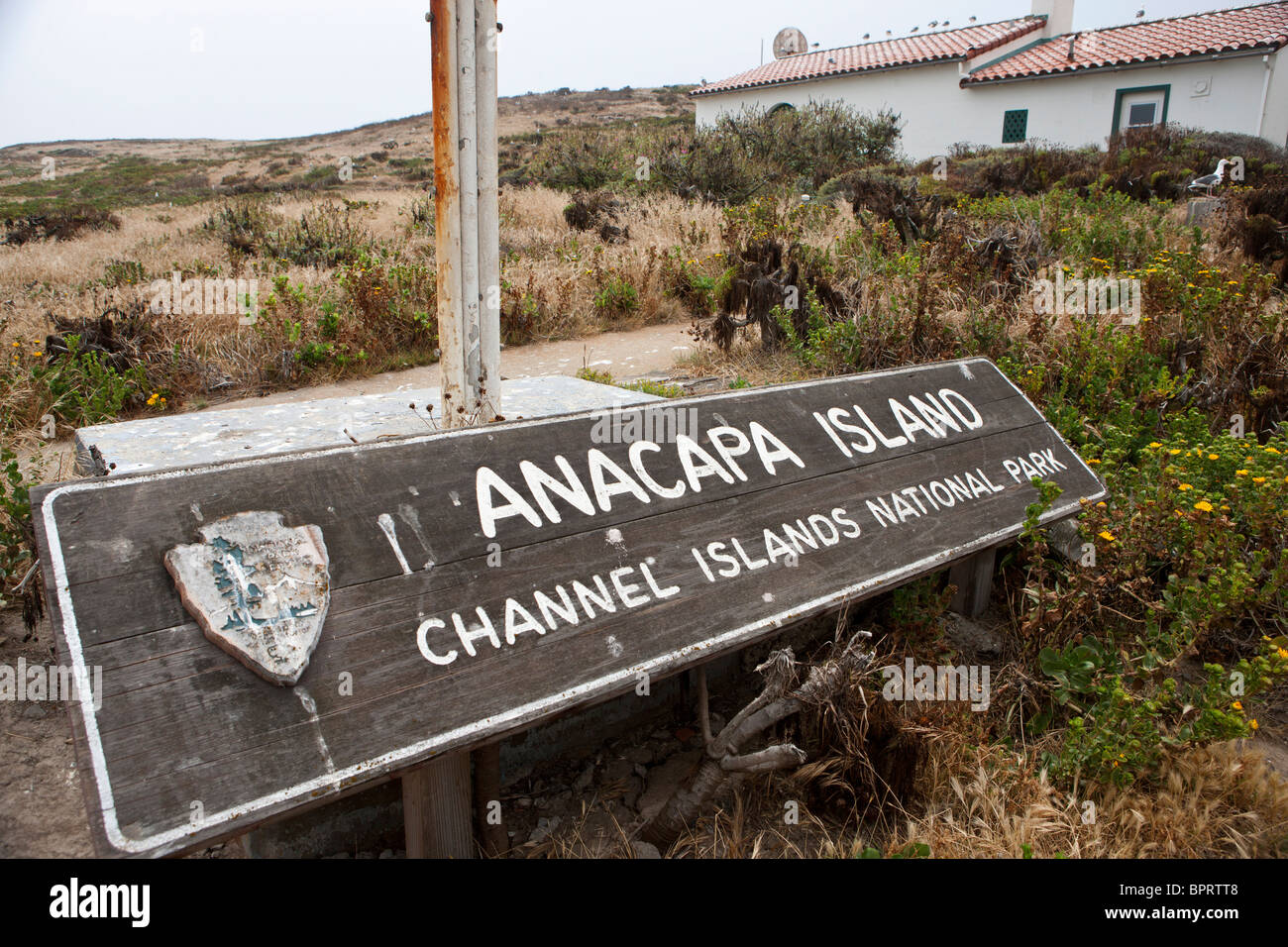 National Park Service segno per Anacapa Island, Channel Islands National Park, California, Stati Uniti d'America Foto Stock