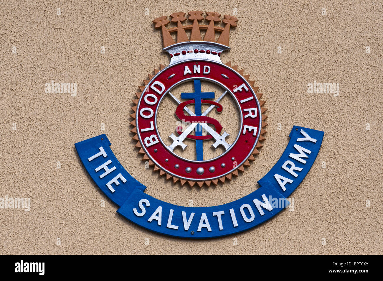 Esercito della salvezza segno con l'esercito di slogan "Sangue e fuoco' Foto Stock