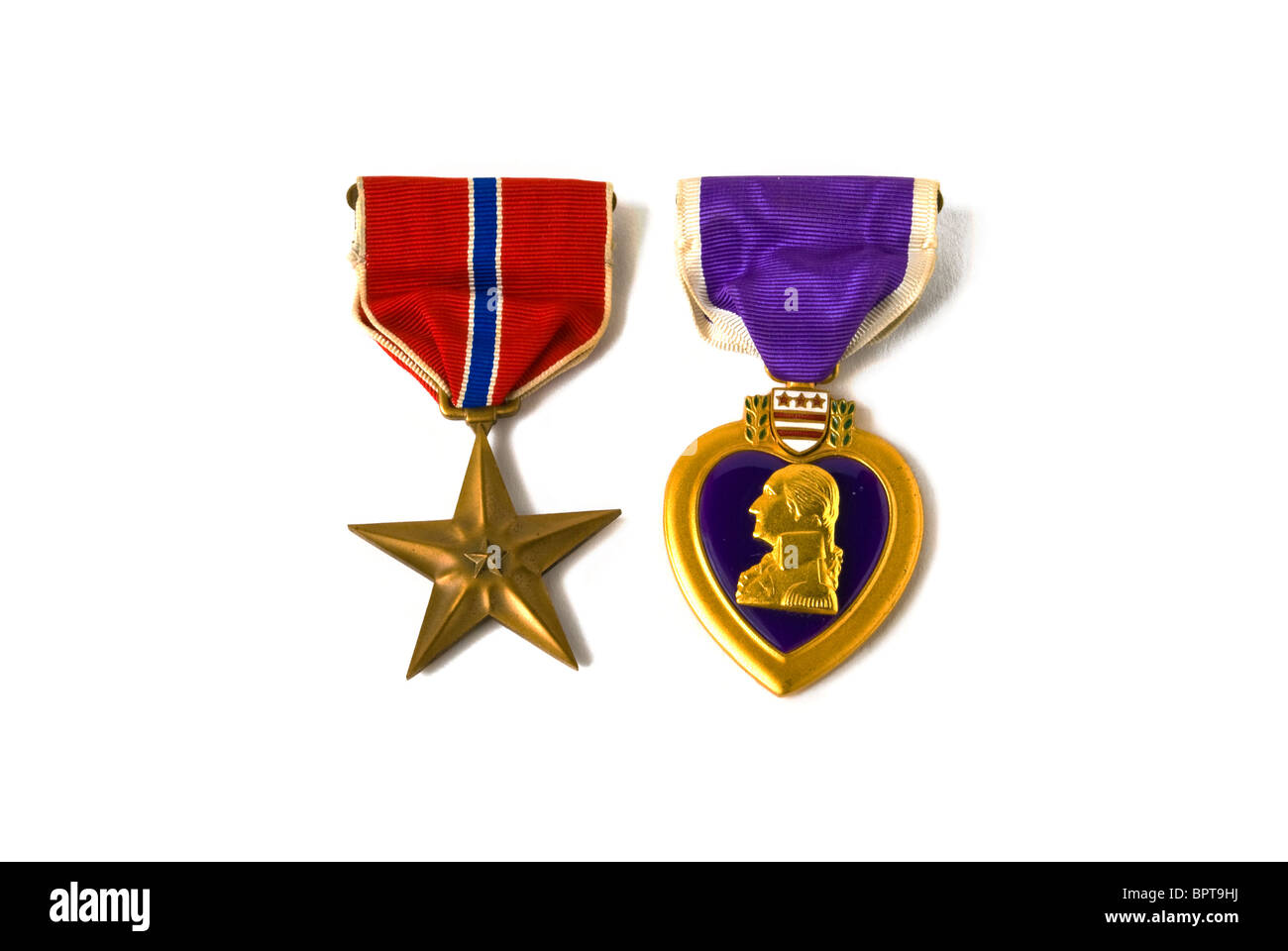 Stella di Bronzo e cuore viola medaglie isolati su sfondo bianco Foto Stock