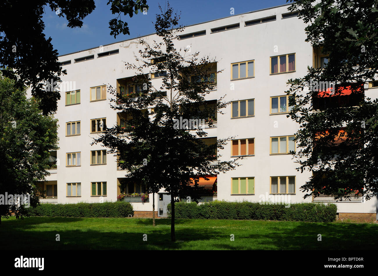 Grosssiedlung Siemensstadt, grande Settelement di Siemens City, aka Ringsiedlung o anello di insediamento, Sito del Patrimonio Mondiale, Berlino. Foto Stock