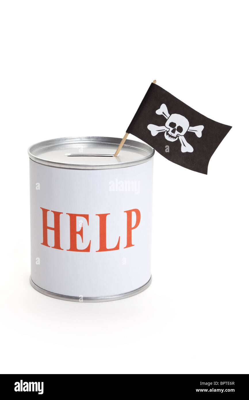 Casella di donazione e la bandiera dei pirati, concetto di crimine finanziario Foto Stock