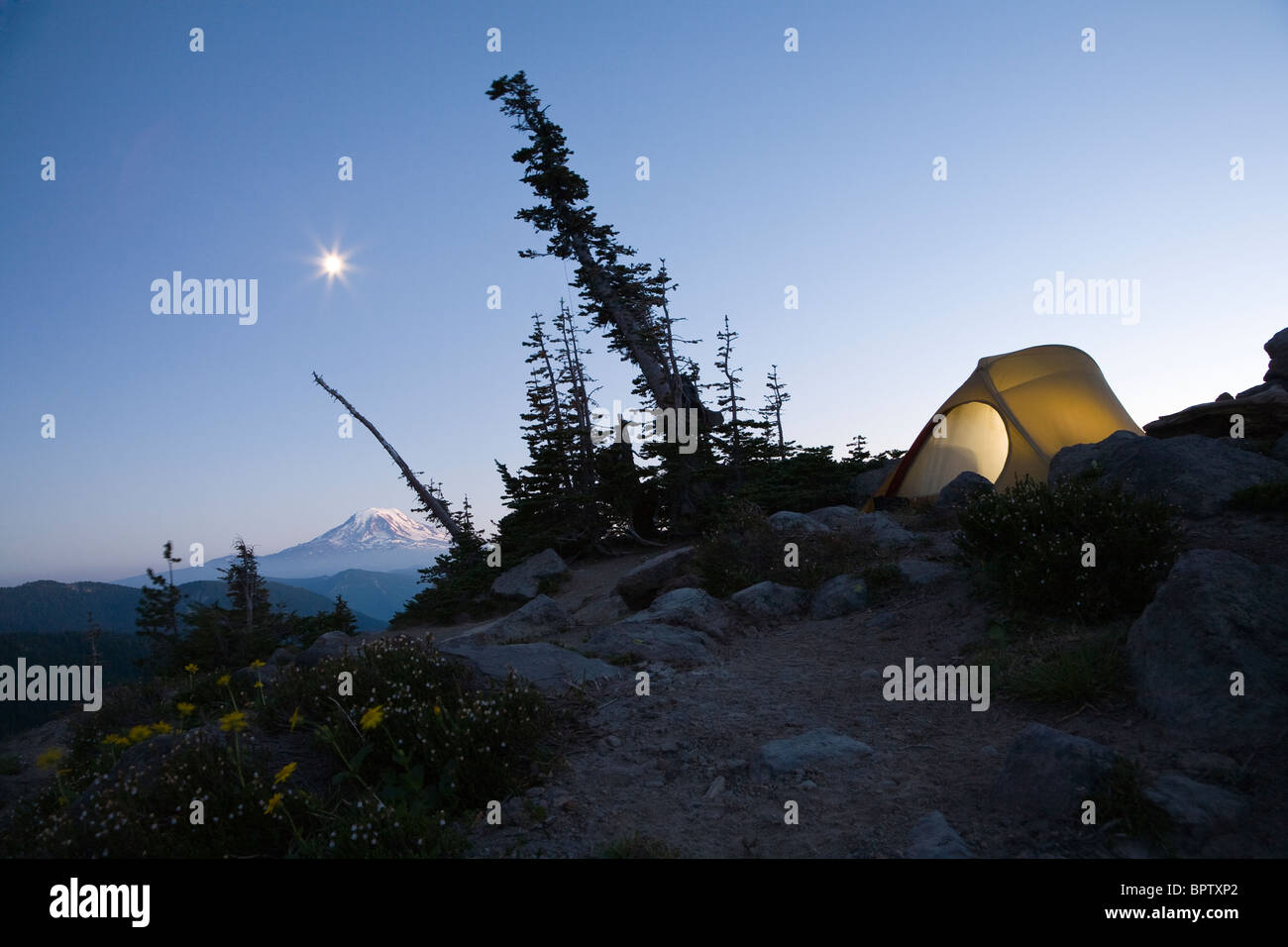 Tenda che sovrasta il Monte Adams dal lago di Capra - di capra rocce deserto Gifford Pinchot National Forest - Washington Foto Stock