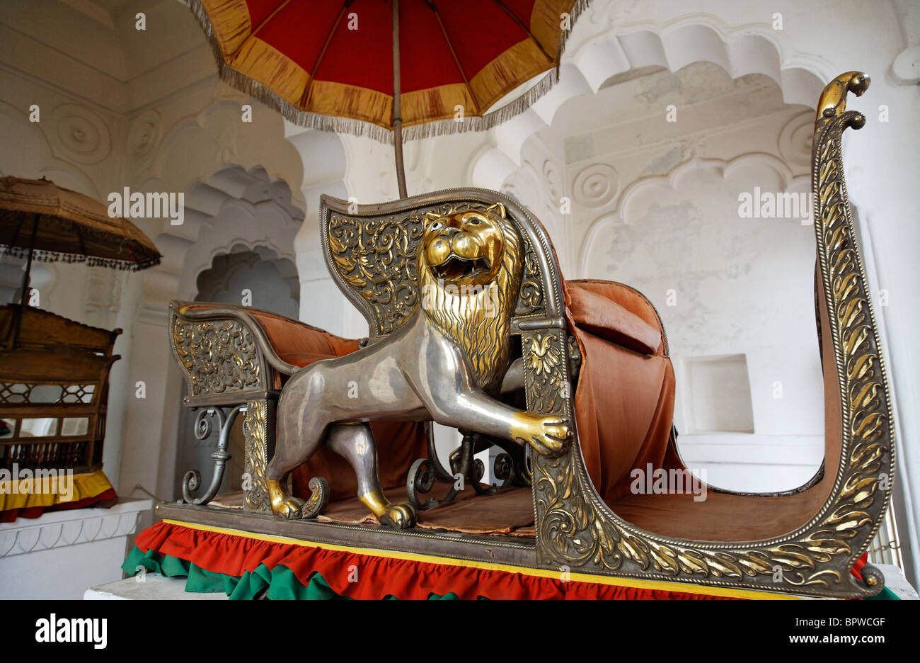 Royal howdah all'interno Meherangarh Fort, Jodhpur, Rajasthan, India Foto Stock